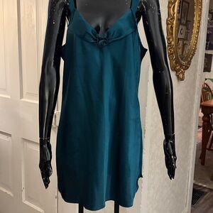 Vintage California Dynasty Deep Green Satin Strap Chemise Nightie Rosette Large